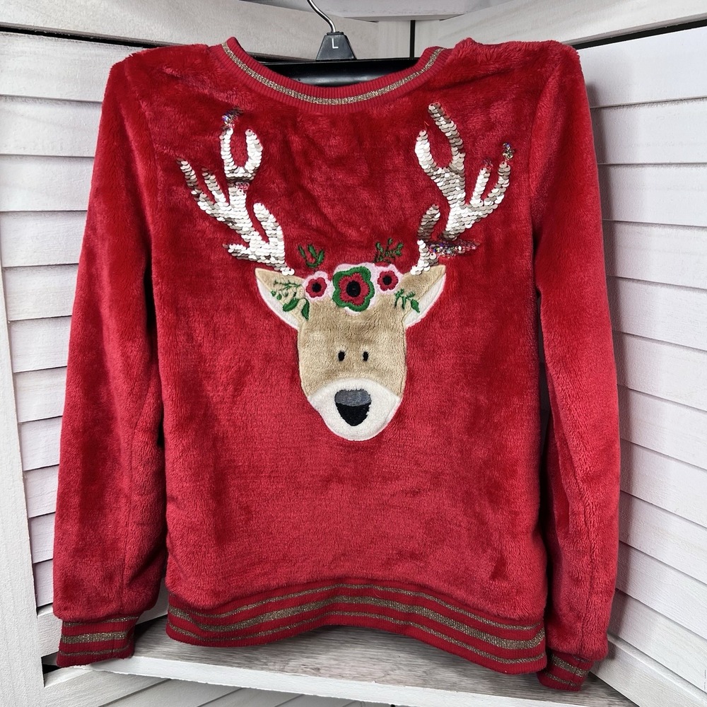 Wonder Nation Girls Red Plush Reindeer Holiday Sweater Sz 6-6X Sequin Christmas